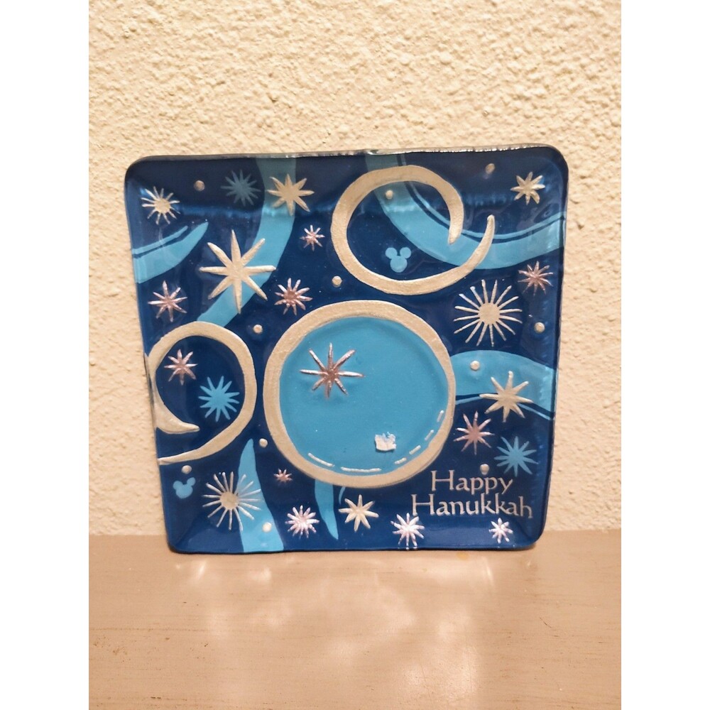 Disney Parks Happy Hanukkah Mickey Mouse Glass Plate Blue 8.25" Holiday